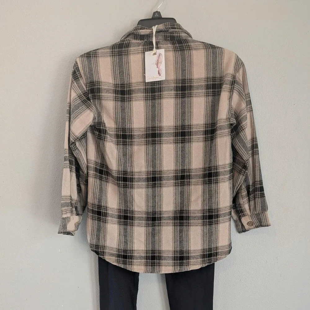 NWT Jessica Simpson black beige plaid button up shirt & black leggings Set 8/10